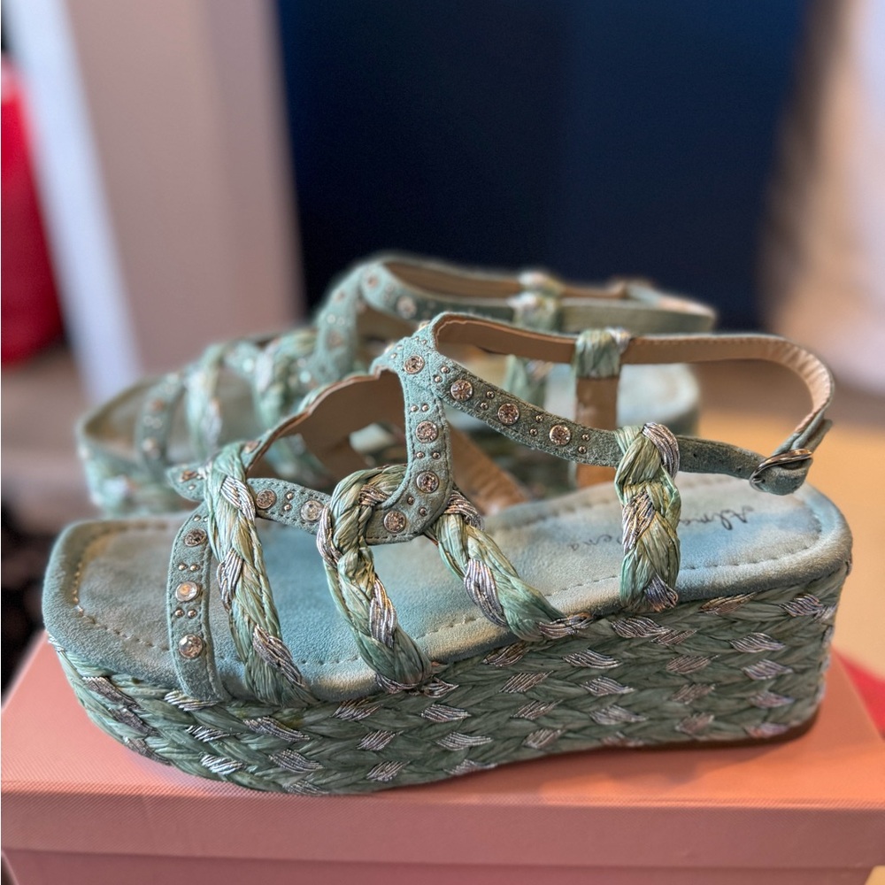 Chic Mint Wedge Sandals with Rhinestone Accents